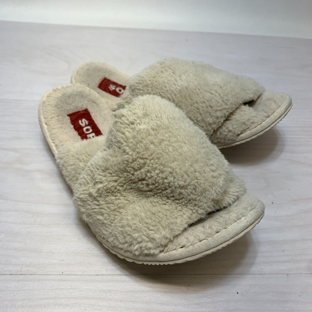 Sorel Go Mail Run Slipper Shoes Women 7 Cream Faux Fur Comfort Cross Strap Slide